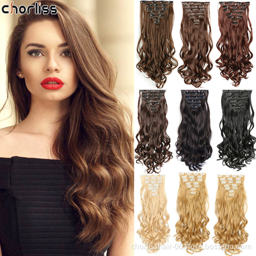 Wholesale Deep-Brown Ombre Clip-on Hair Extensions Long Curl Wavy High Resistant Synthetic Clip In Hair Extension For Women